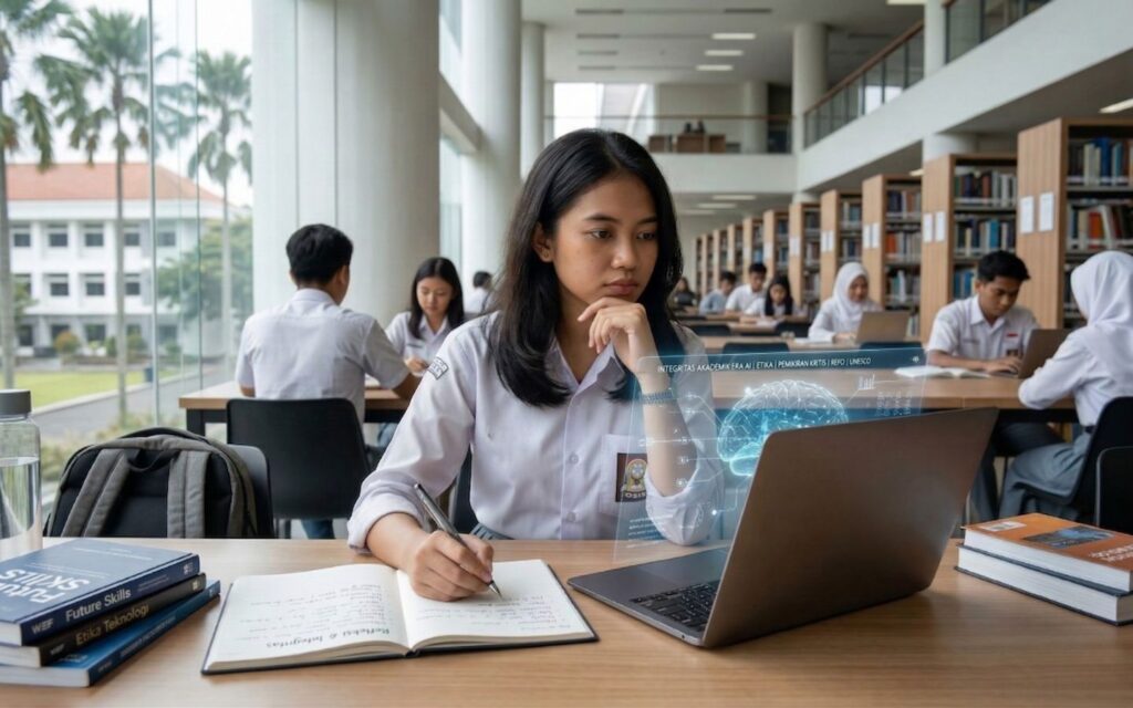 Ilustrasi siswa menggunakan AI dengan bijak untuk mendukung refleksi mendalam dan agensi personal dalam pembelajaran